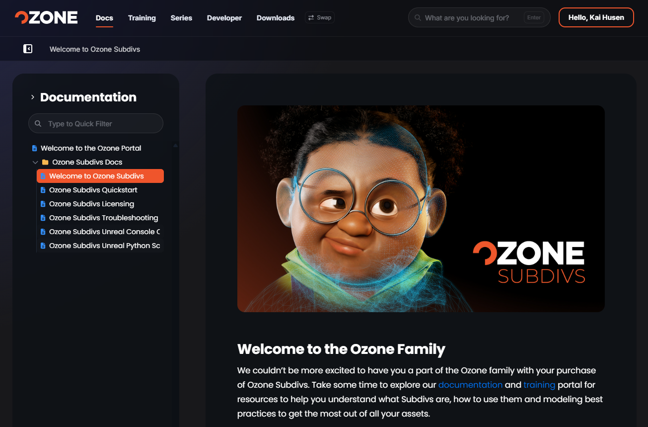 The Ozone customer portal documentation: a sidebar of Subdivs docs beside the Welcome to the Ozone Family page.