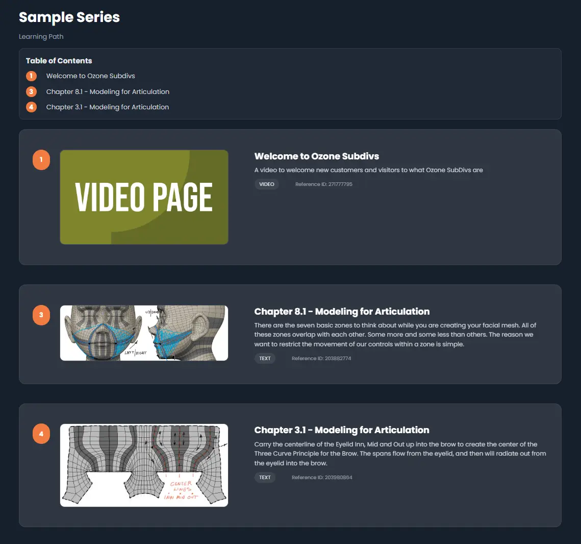 The Ozone customer portal series view: a learning path with a table of contents and numbered video and text chapters.