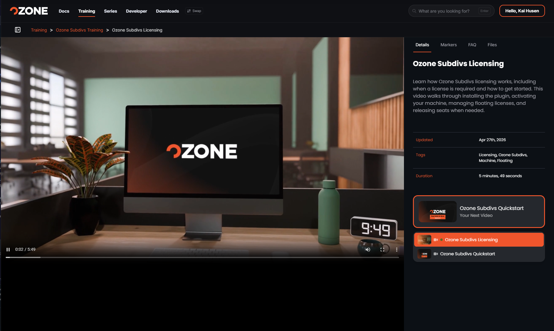 The Ozone customer portal training player: an Ozone Subdivs Licensing video with details, tags, duration and the next video queued.